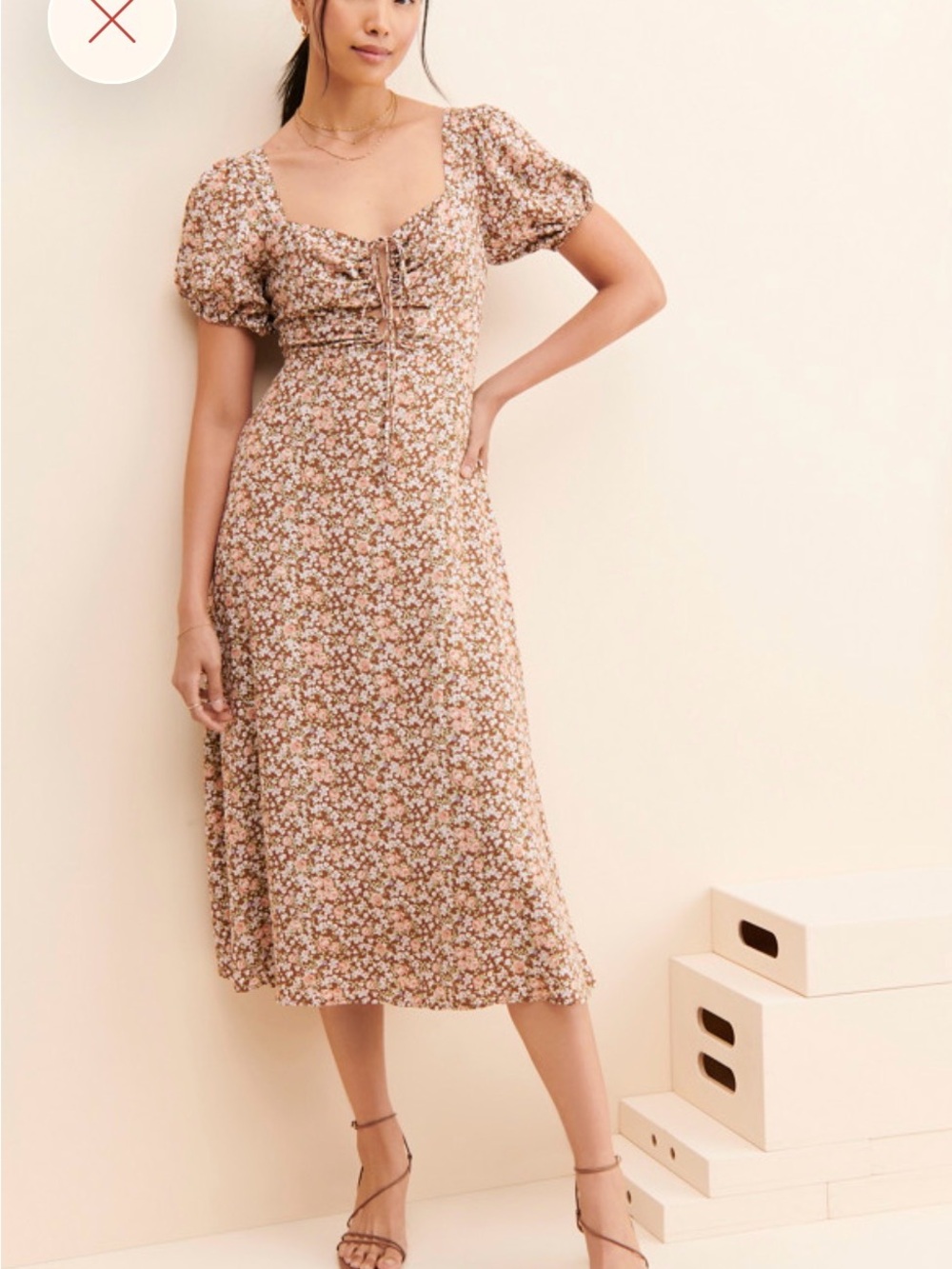 Floral Puff-Sleeve Midi Dress in Beige Floral